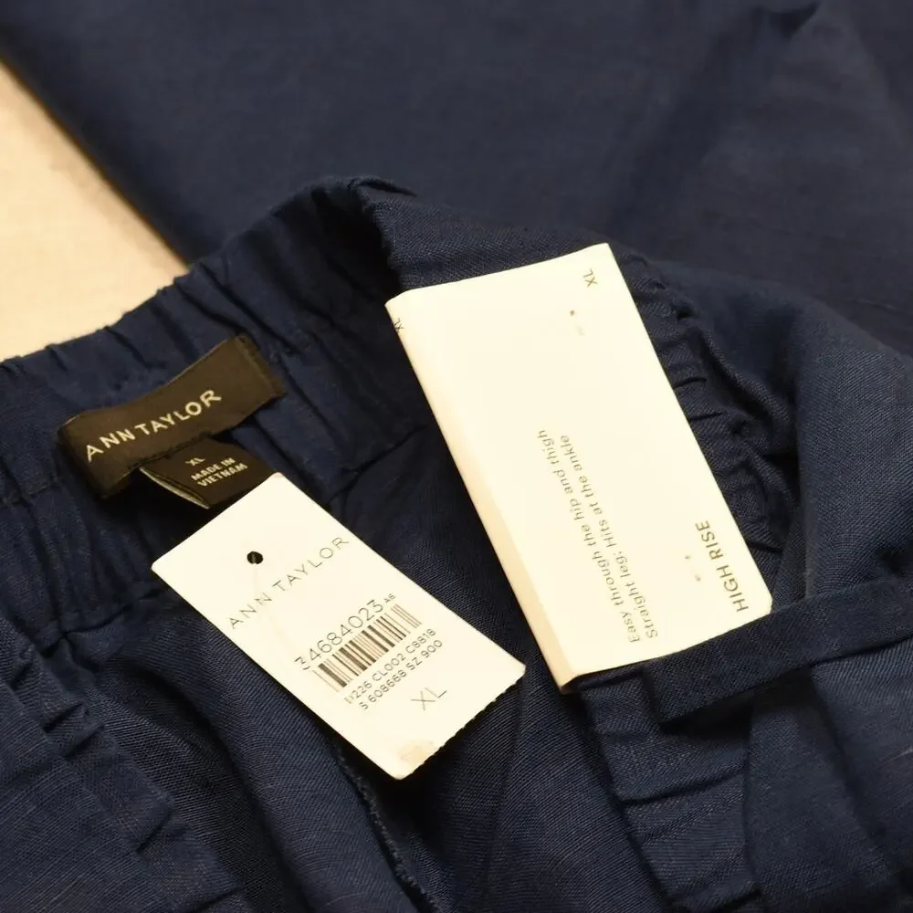 NEW Ann Taylor Women's Straight Pants Crop Belted Linen Blue Size XL High Rise
